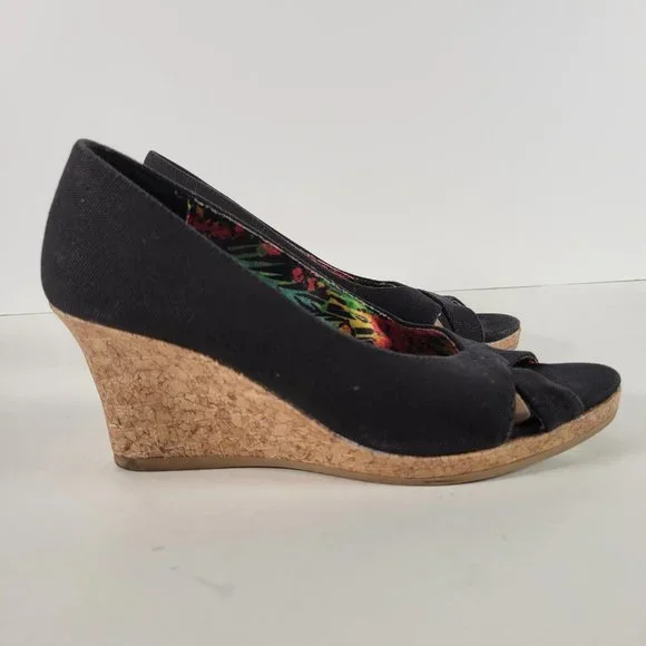 DexFlex Comfort Black Canvas Cork Wedge Peep Heels Shoes Women Size 6 - Picture 4 of 11